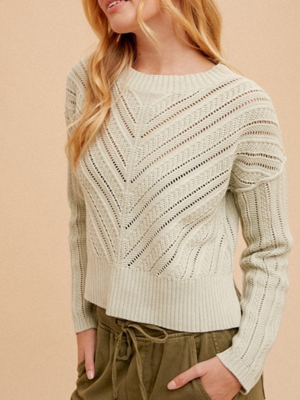 ROUNDNECK POINTELLE KNIT SWEATER|SAGE - Picture 3 of 4